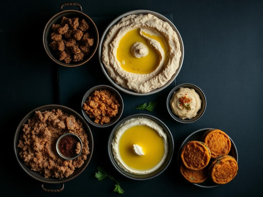 Syrian mezze: foul, hummus, fatteh and falafel